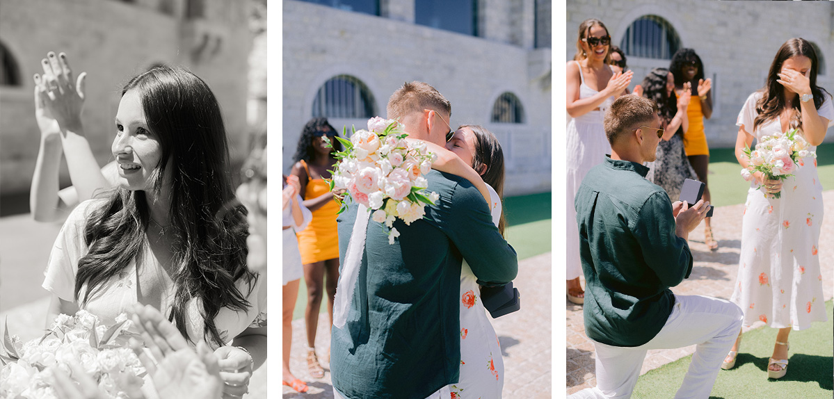 idee originale pour lancer son bouquet de mariage, l'invitée ne s'attend pas a recevoir le bouquet directement le bouquet de la part de la mariée, son copain la demande ensuite en mariage